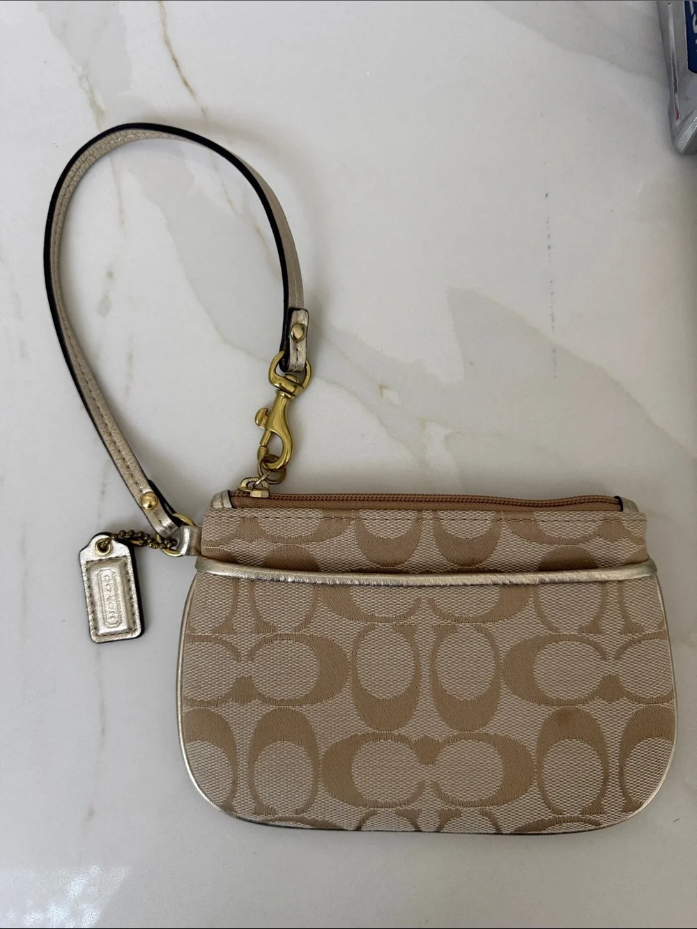 Coach Beige Signature Canvas Wristlet with Gold Hardware